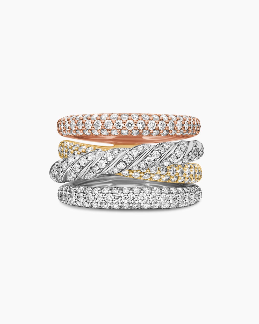 Womens Sculpted Cable Four Row Ring in 18K Gold with Diamonds, 15mm