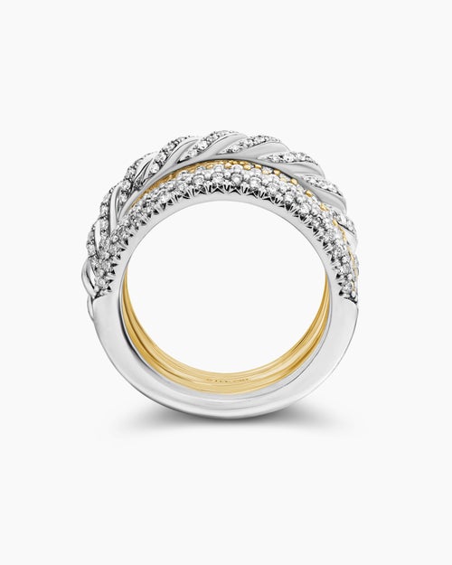 Womens Sculpted Cable Four Row Ring in 18K Gold with Diamonds, 15mm