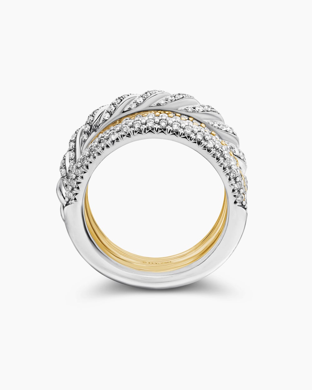 Womens Sculpted Cable Four Row Ring in 18K Gold with Diamonds, 15mm