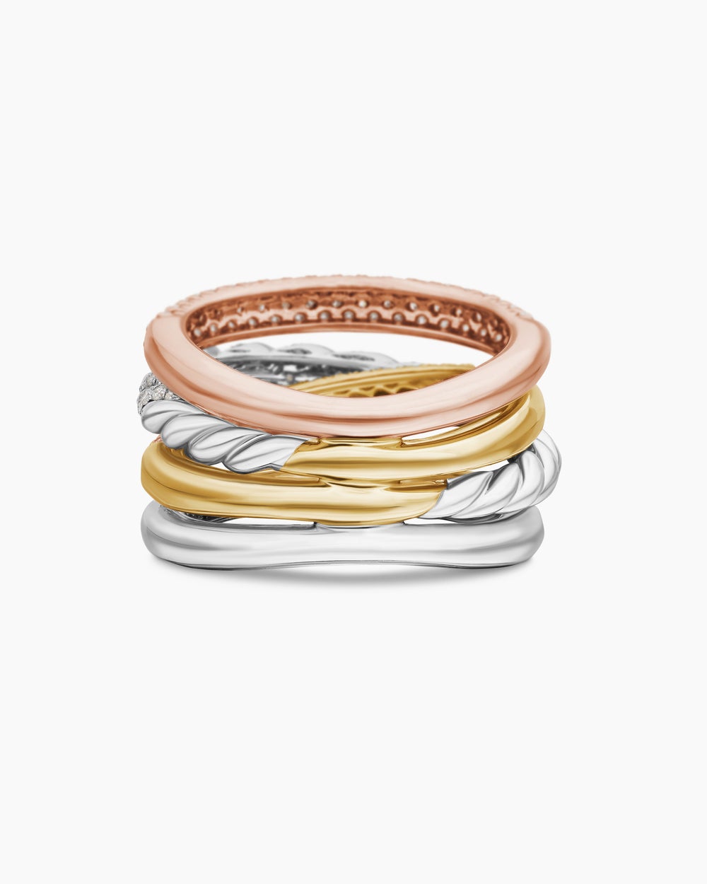 Womens Sculpted Cable Four Row Ring in 18K Gold with Diamonds, 15mm