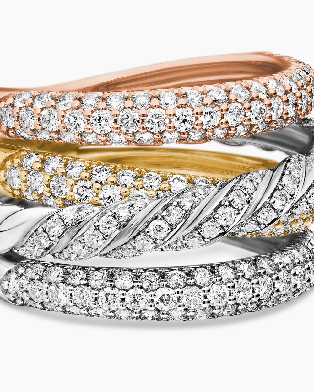 Womens Sculpted Cable Four Row Ring in 18K Gold with Diamonds, 15mm
