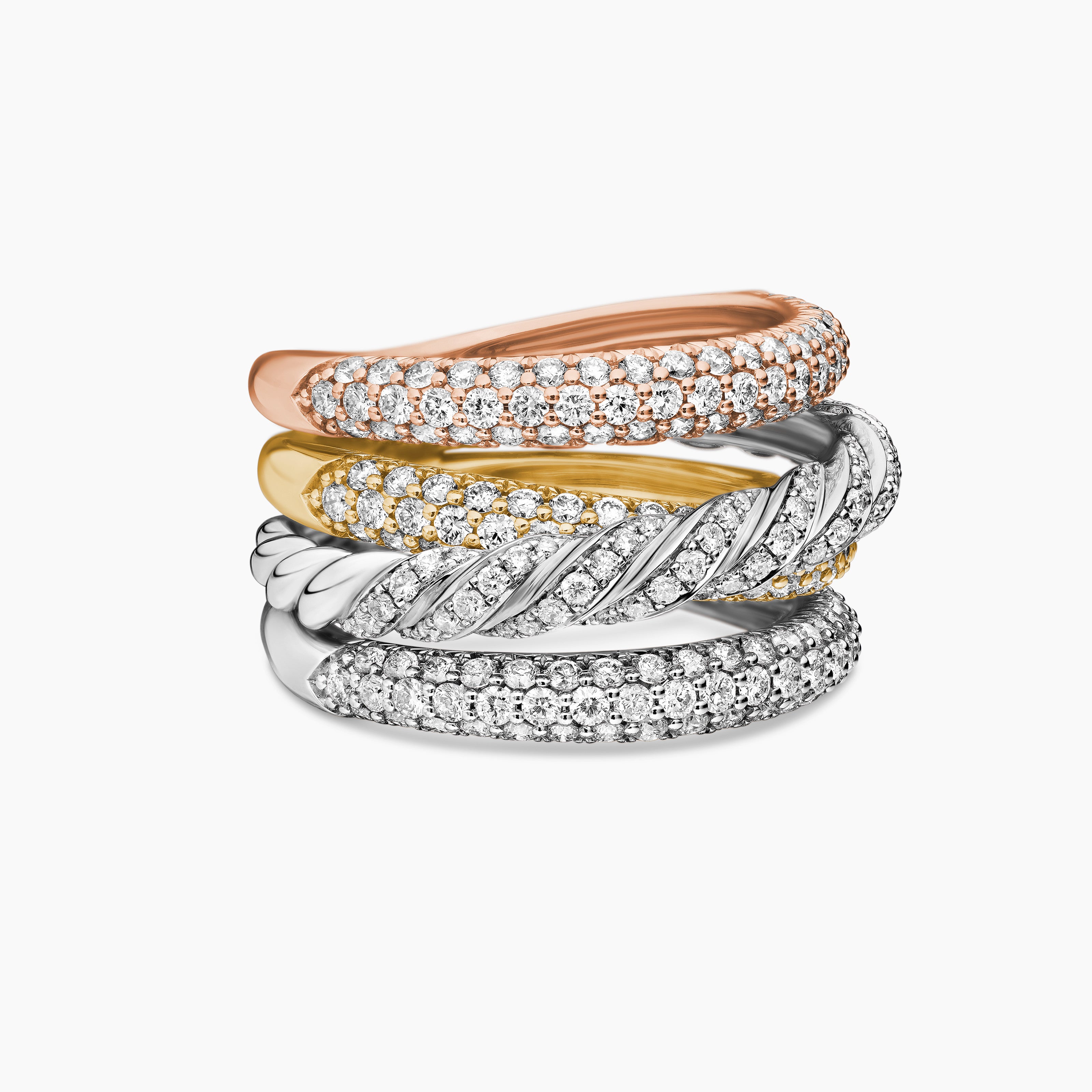 Womens Sculpted Cable Four Row Ring in 18K Gold with Diamonds, 15mm