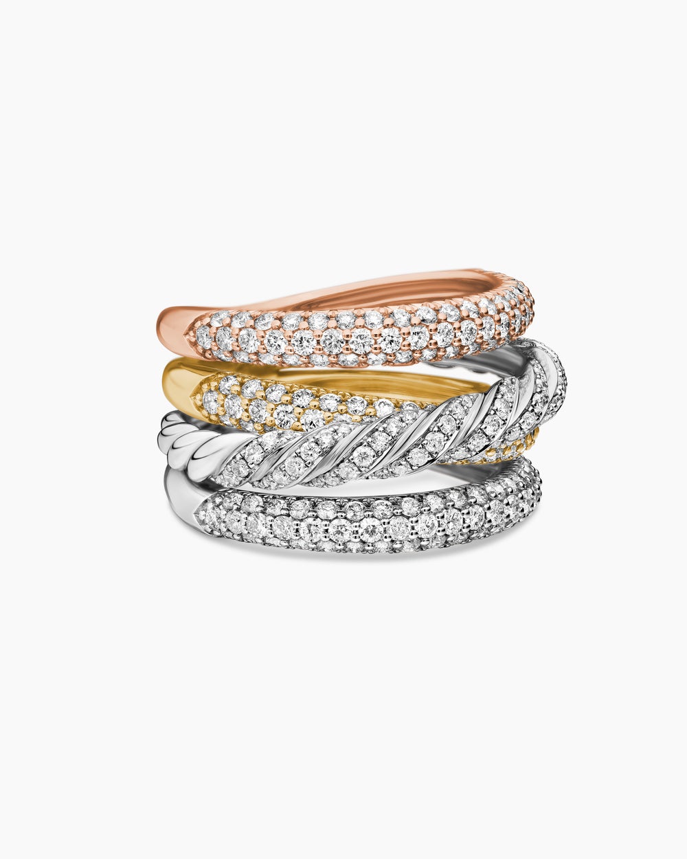 Womens Sculpted Cable Four Row Ring in 18K Gold with Diamonds, 15mm