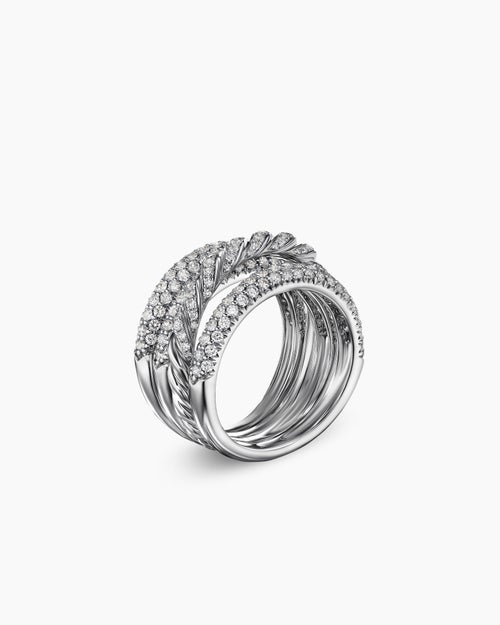 Womens Sculpted Cable Four Row Ring in 18K White Gold with Diamonds, 15mm