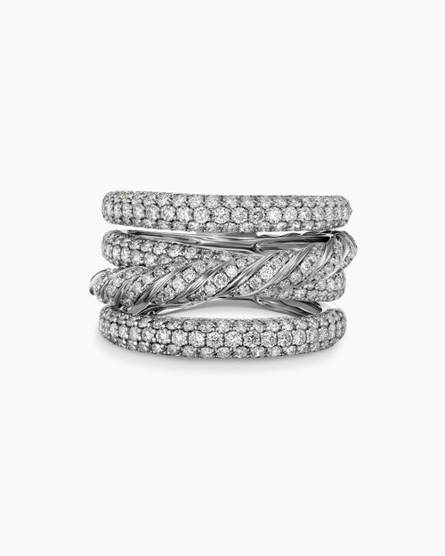 Womens Sculpted Cable Four Row Ring in 18K White Gold with Diamonds, 15mm