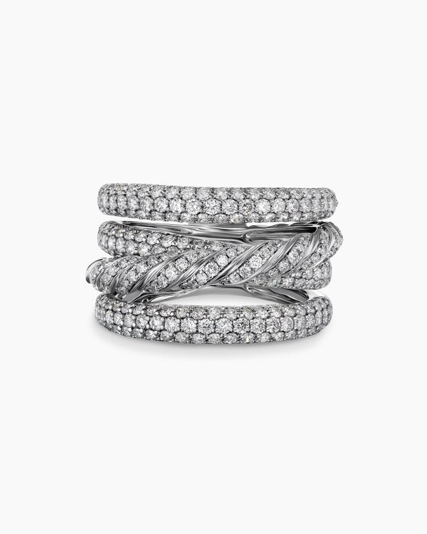 Sculpted Cable Four Row Ring in 18K White Gold with Diamonds, 15mm
