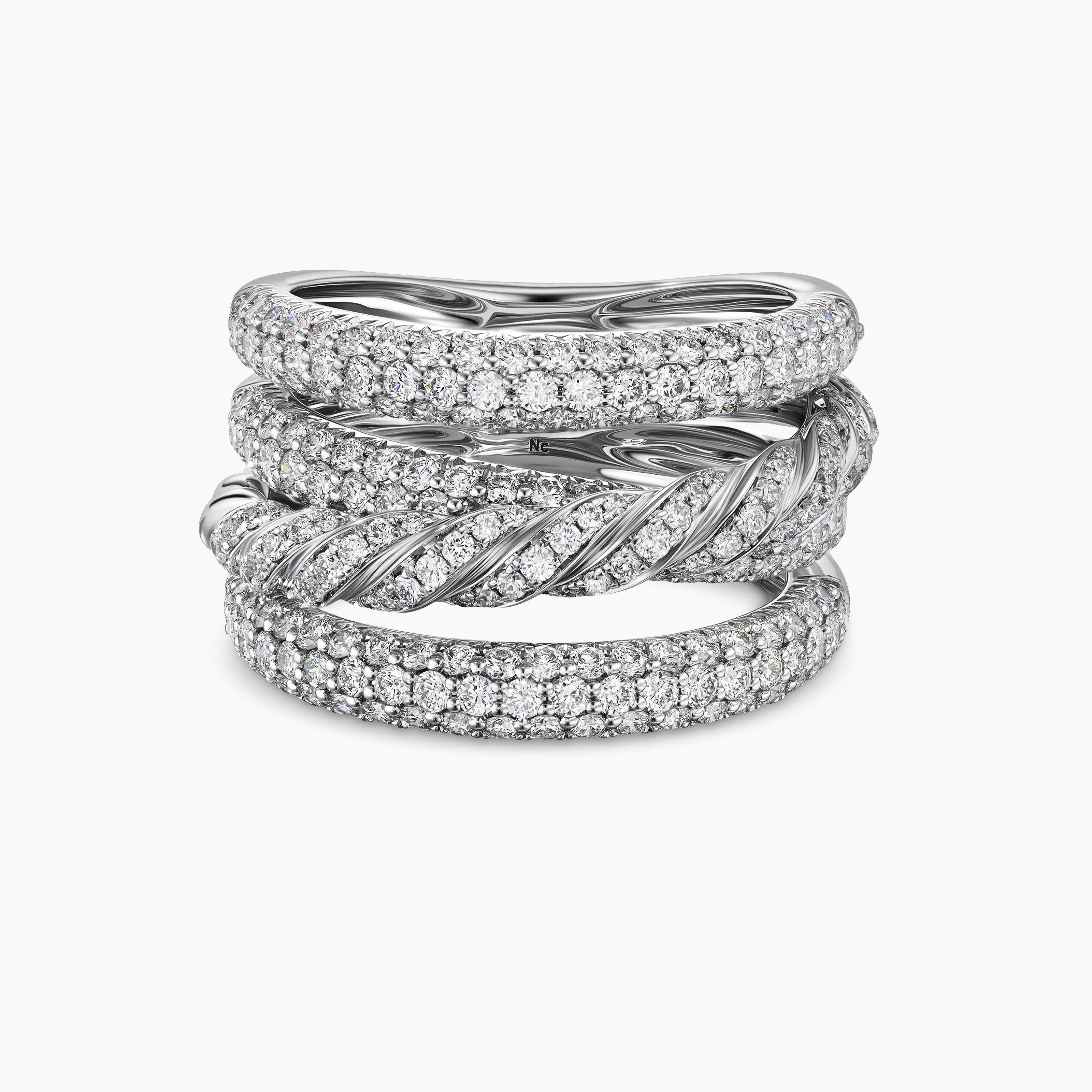 Womens Sculpted Cable Four Row Ring in 18K White Gold with Diamonds, 15mm