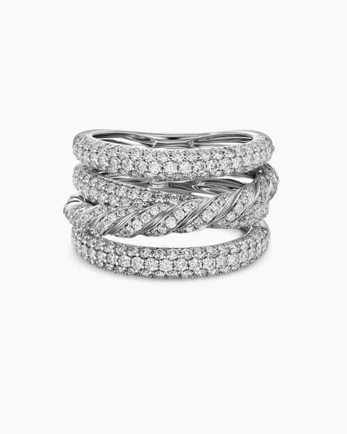 Womens Sculpted Cable Four Row Ring in 18K White Gold with Diamonds, 15mm