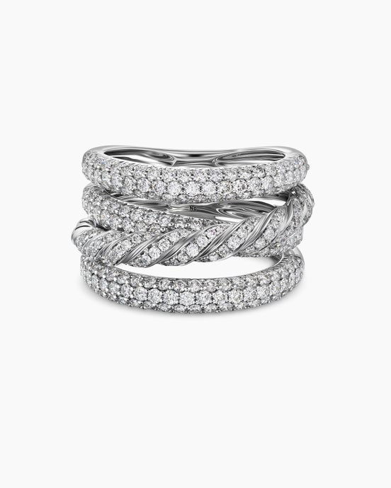 Sculpted Cable Four Row Ring in 18K White Gold with Diamonds, 15mm