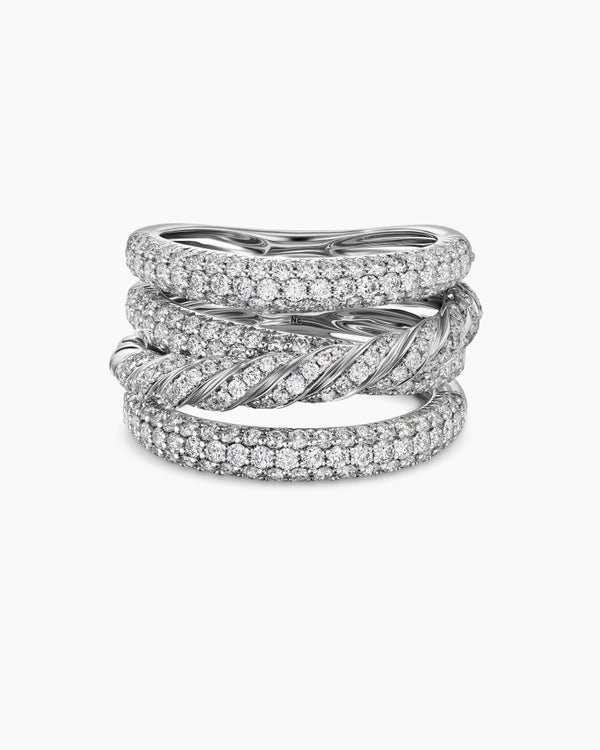 Sculpted Cable Four Row Ring in 18K White Gold with Diamonds, 15mm
