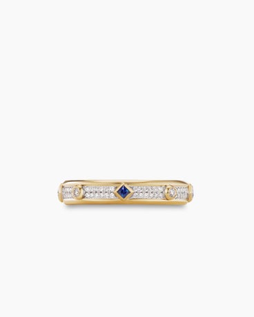Modern Renaissance Band Ring in 18K Yellow Gold with Full Pavé Diamonds and Blue Sapphires