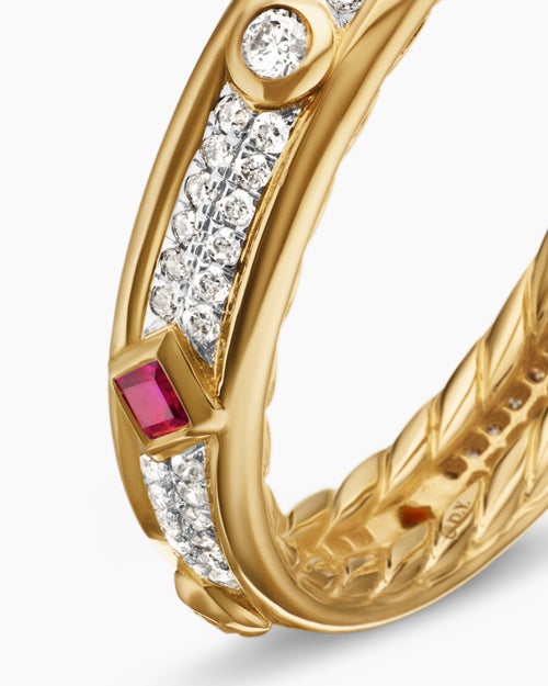 Womens Modern Renaissance® Band Ring in 18K Yellow Gold with Diamonds and Rubies, 4mm
