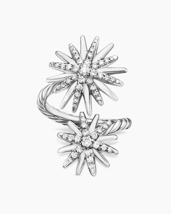 Starburst Bypass Ring in Sterling Silver with Diamonds, 27.5mm