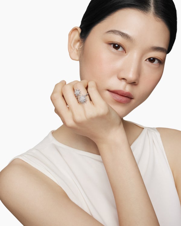 Starburst Bypass Ring in Sterling Silver with Diamonds, 27.5mm