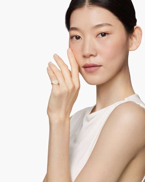 Womens Sculpted Cable Pinky Ring in 18K Yellow Gold with Diamonds, 13mm