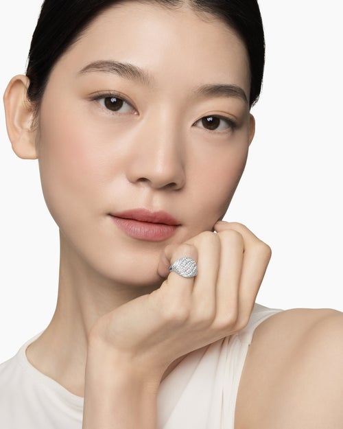 Womens Sculpted Cable Pinky Ring in 18K White Gold with Diamonds, 13mm