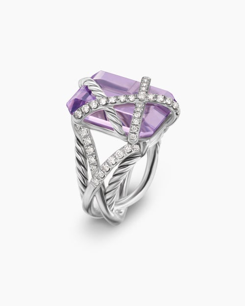 Womens Cable Wrap Ring in Sterling Silver with Lavender Amethyst and Diamonds, 20.4mm