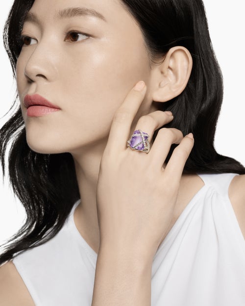 Womens Cable Wrap Ring in Sterling Silver with Lavender Amethyst and Diamonds, 20.4mm