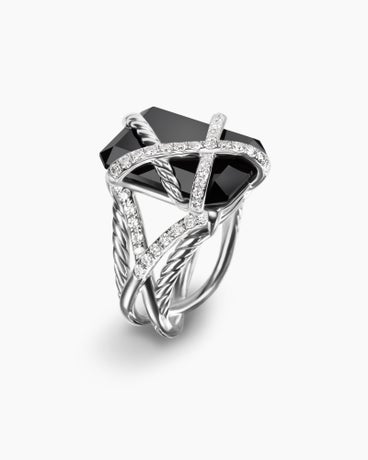 Cable Wrap Ring in Sterling Silver with Black Onyx and Diamonds, 14mm