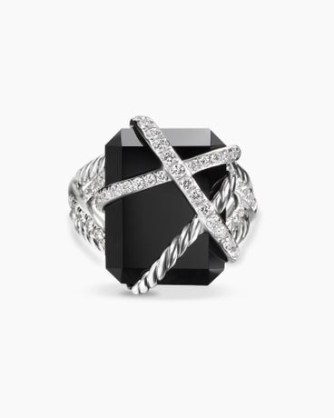 Cable Wrap Ring in Sterling Silver with Black Onyx and Diamonds, 14mm