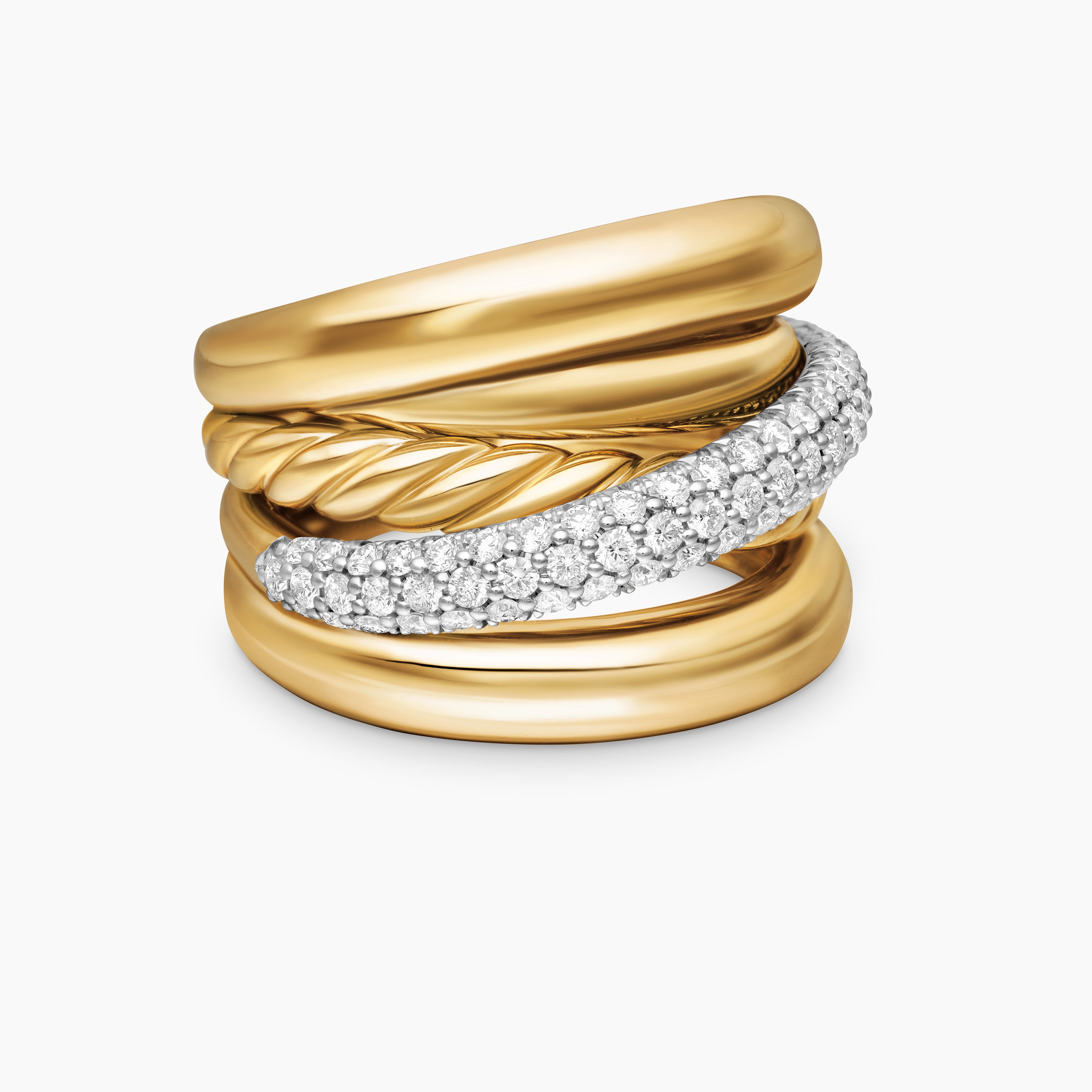 Womens Pav&eacute; Crossover Five Row Ring in 18K Yellow Gold, 17.7mm