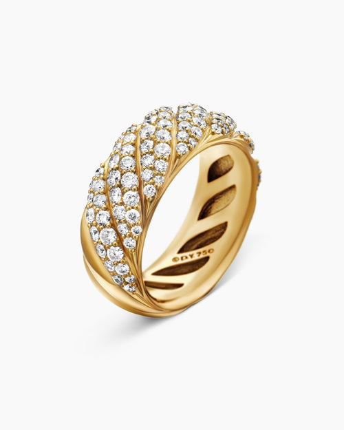 Womens Sculpted Cable Band Ring in 18K Yellow Gold with Diamonds, 7.5mm