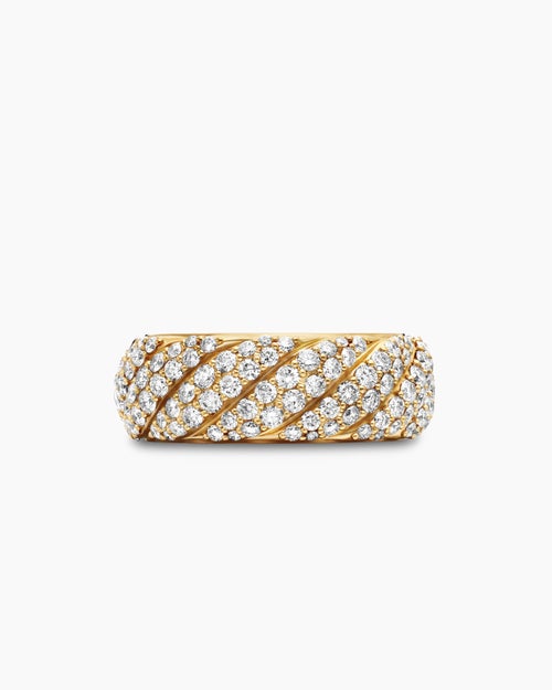 Womens Sculpted Cable Band Ring in 18K Yellow Gold with Diamonds, 7.5mm