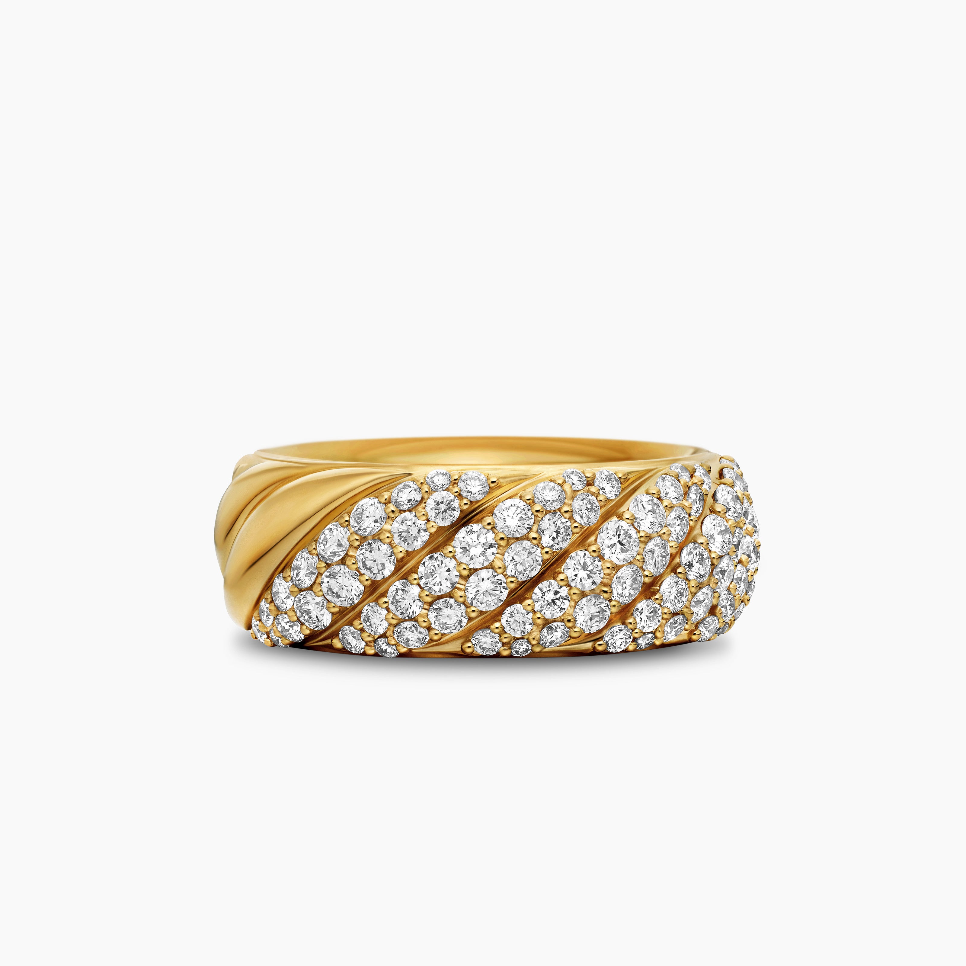 Womens Sculpted Cable Band Ring in 18K Yellow Gold with Diamonds, 7.5mm