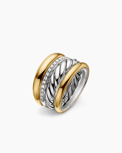 Womens DY Mercer® Four Row Ring in Sterling Silver with 18K Yellow Gold and Diamonds, 13.8mm