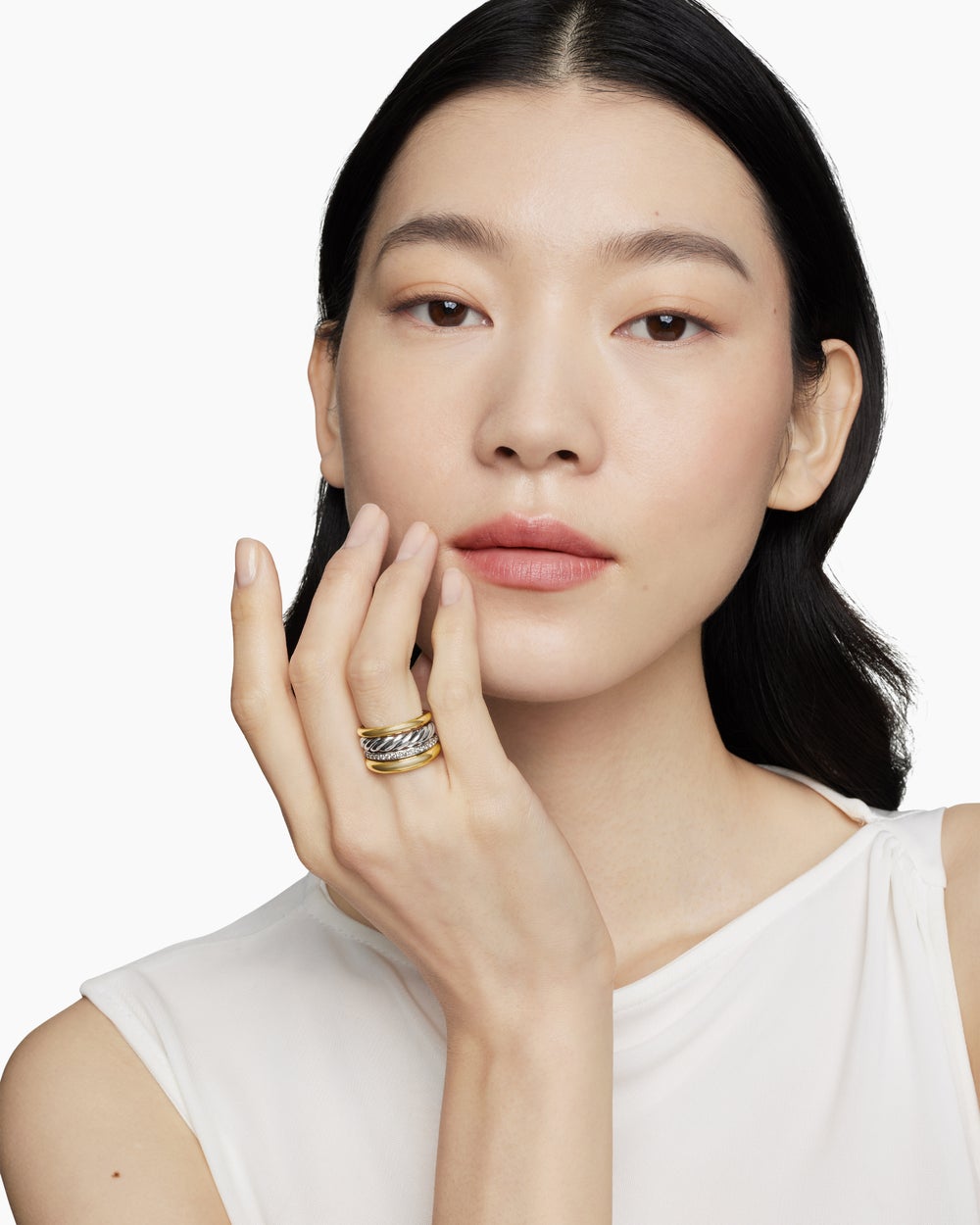 Bague à quatre rangs DY Mercer en argent sterling avec or jaune 18 carats et diamants, 13,8 mm pour femmes