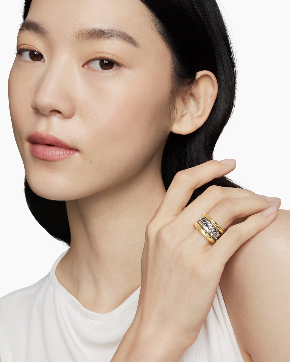 Bague à quatre rangs DY Mercer en argent sterling avec or jaune 18 carats et diamants, 13,8 mm pour femmes