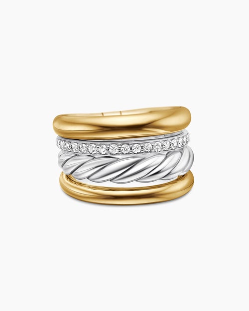 Womens DY Mercer Four Row Ring in Sterling Silver with 18K Yellow Gold and Diamonds, 13.8mm