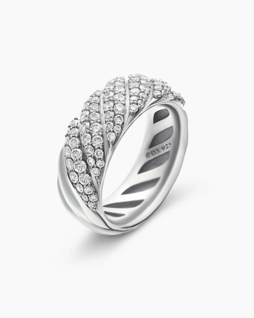 Womens Sculpted Cable Band Ring in Sterling Silver with Diamonds, 7.5mm