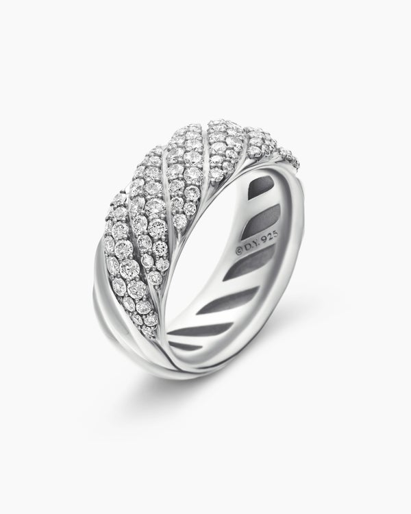 Sculpted Cable Band Ring in Sterling Silver with Diamonds, 7.5mm