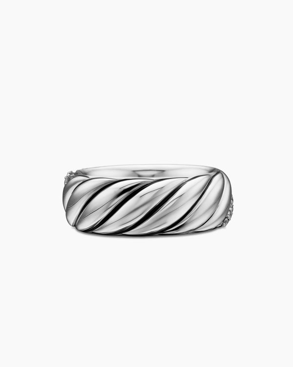Sculpted Cable Band Ring in Sterling Silver with Diamonds, 7.5mm