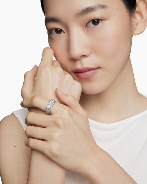 Womens Sculpted Cable Band Ring in Sterling Silver with Diamonds, 7.5mm