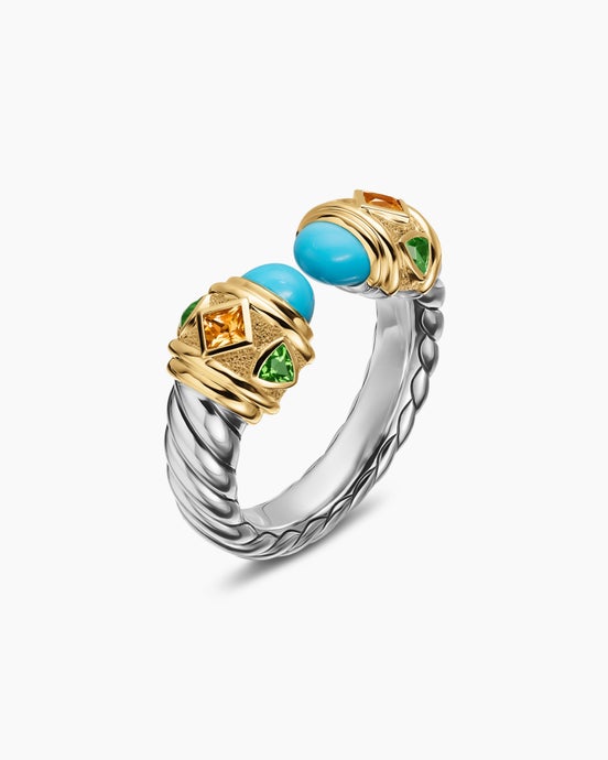 Bague couleur Renaissance® en argent massif avec or jaune 14 carats, turquoise, citrine de Madère et tsavorite, 10 mm