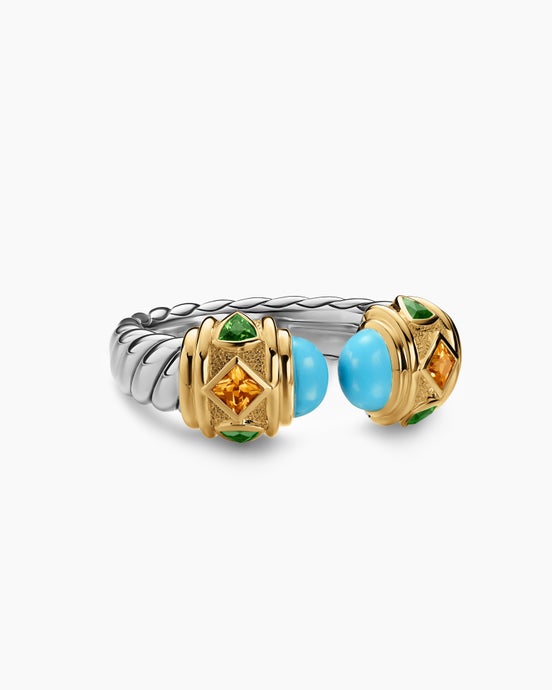 Bague couleur Renaissance® en argent massif avec or jaune 14 carats, turquoise, citrine de Madère et tsavorite, 10 mm