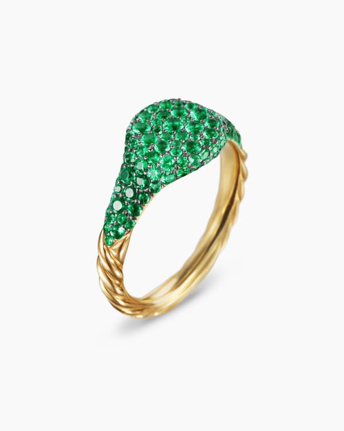 Womens Petite Pavé Pinky Ring in 18K Yellow Gold with Emeralds, 7mm