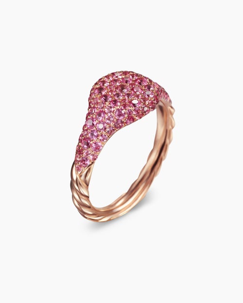 Womens Petite Pavé Pinky Ring in 18K Rose Gold with Pink Sapphires, 7mm