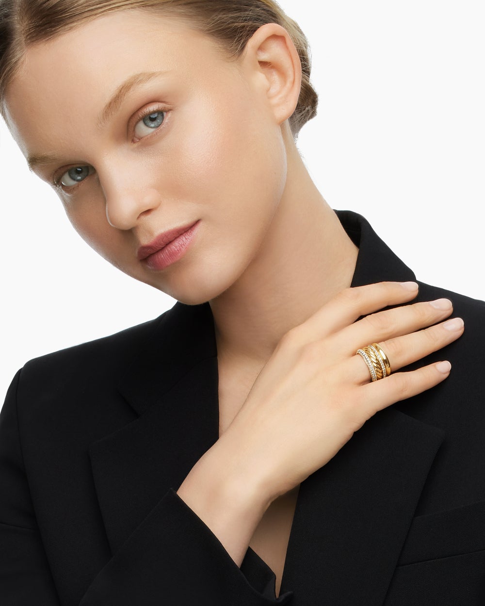 Womens DY Mercer Multi Row Ring in 18K Yellow Gold with Diamonds, 14mm