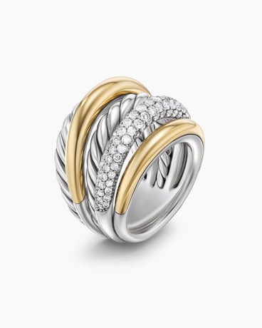 DY Mercer™ Multi Row Ring in Sterling Silver with 18K Yellow Gold and Diamonds, 21mm