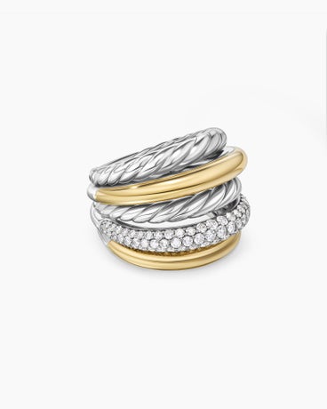 DY Mercer™ Multi Row Ring in Sterling Silver with 18K Yellow Gold and Diamonds, 21mm