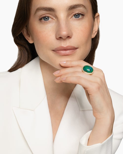 Womens Albion® Oval Ring in 18K Yellow Gold with Chrysocolla and Diamonds, 21mm