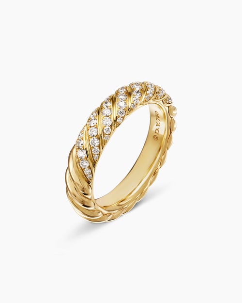 Womens Sculpted Cable Band Ring in 18K Yellow Gold with Diamonds, 4.6mm