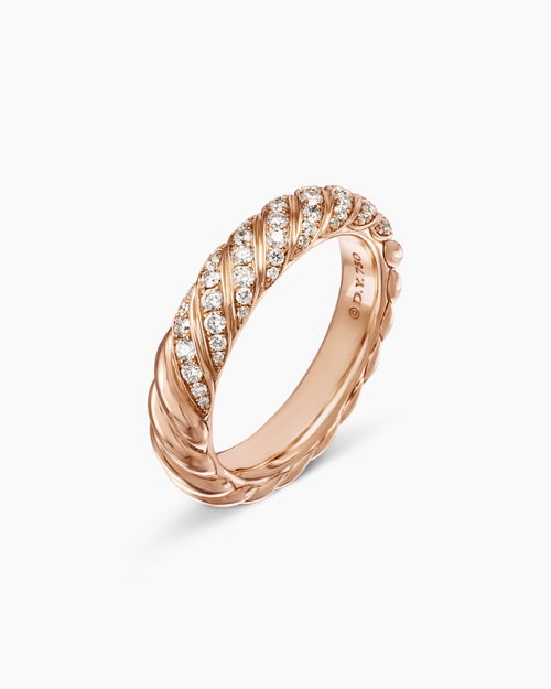 Womens Sculpted Cable Band Ring in 18K Rose Gold with Diamonds, 4.6mm