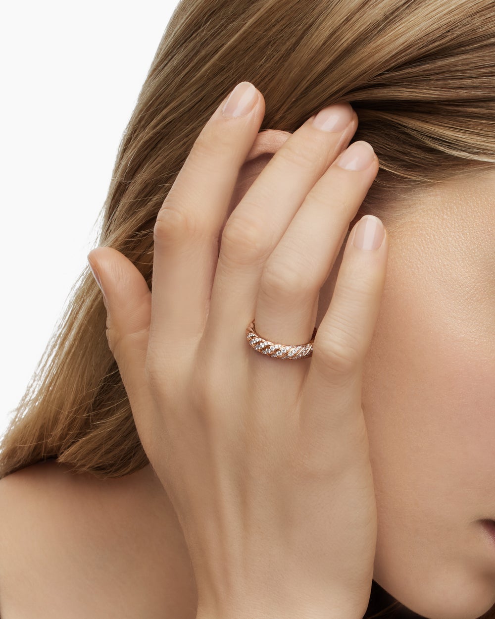 Womens Sculpted Cable Band Ring in 18K Rose Gold with Diamonds, 4.6mm