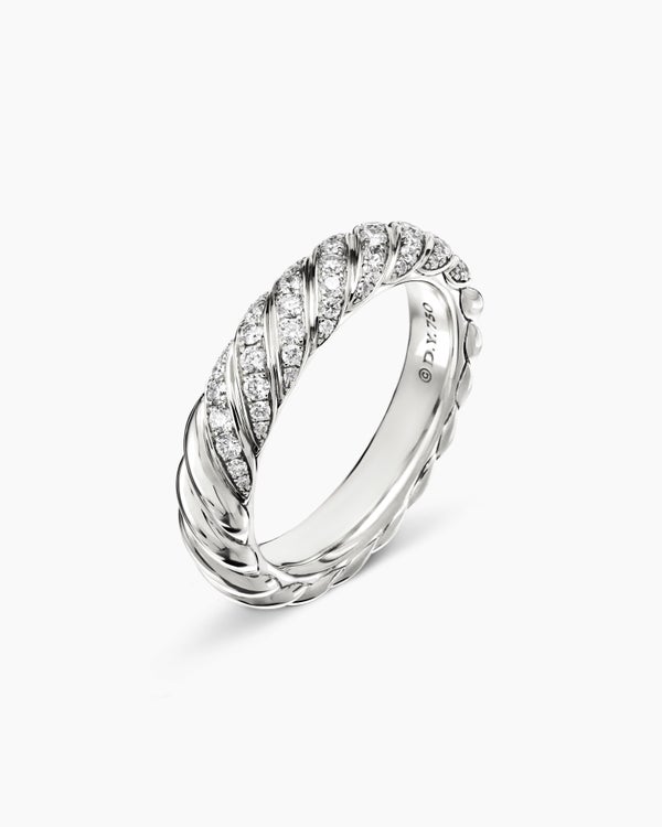 Sculpted Cable Band Ring in 18K White Gold with Diamonds, 4.6mm