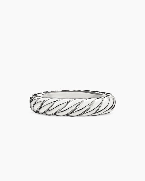 Womens Sculpted Cable Band Ring in 18K White Gold with Diamonds, 4.6mm