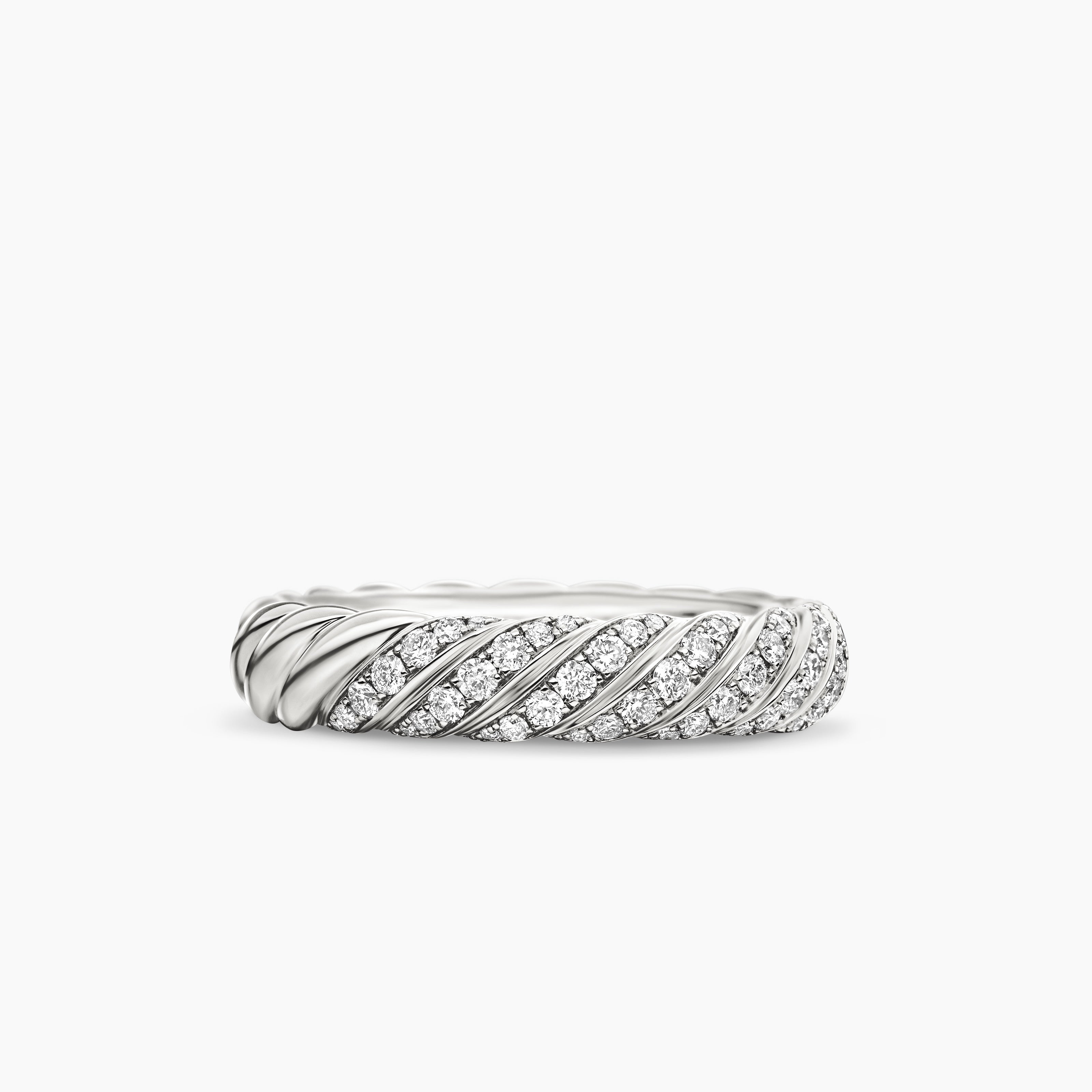 Womens Sculpted Cable Band Ring in 18K White Gold with Diamonds, 4.6mm